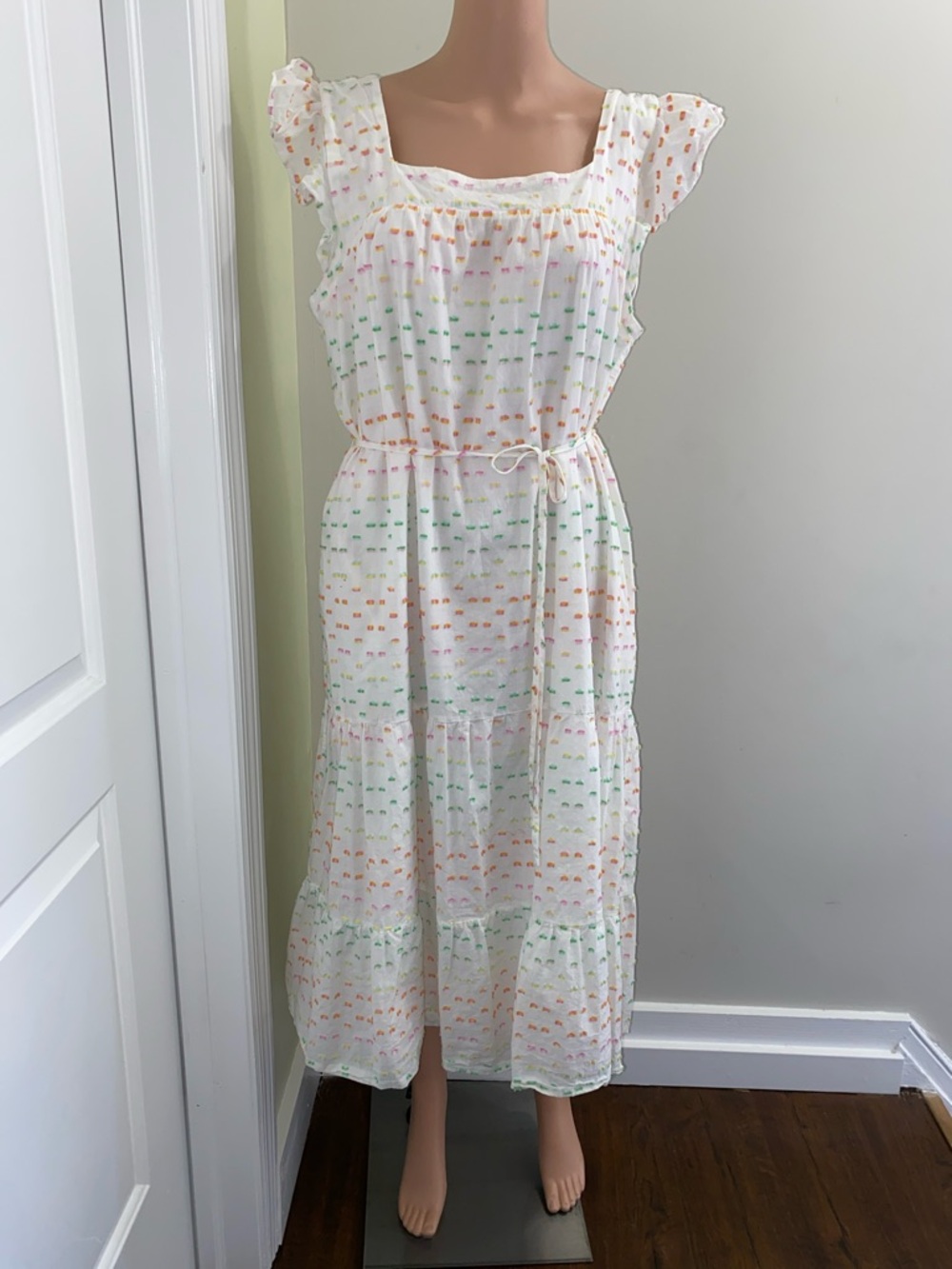 White Multi-Color Tie-Waist Maxi Dress